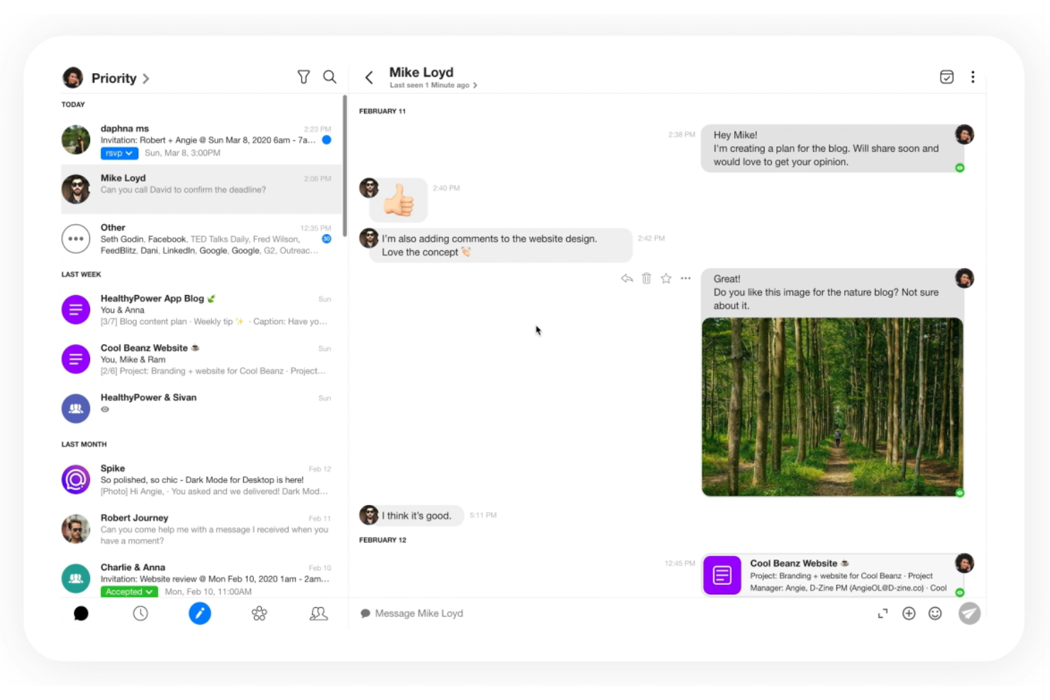 Spike screenshot - 28 meilleures applications de communication d’équipe pour la collaboration en 2026