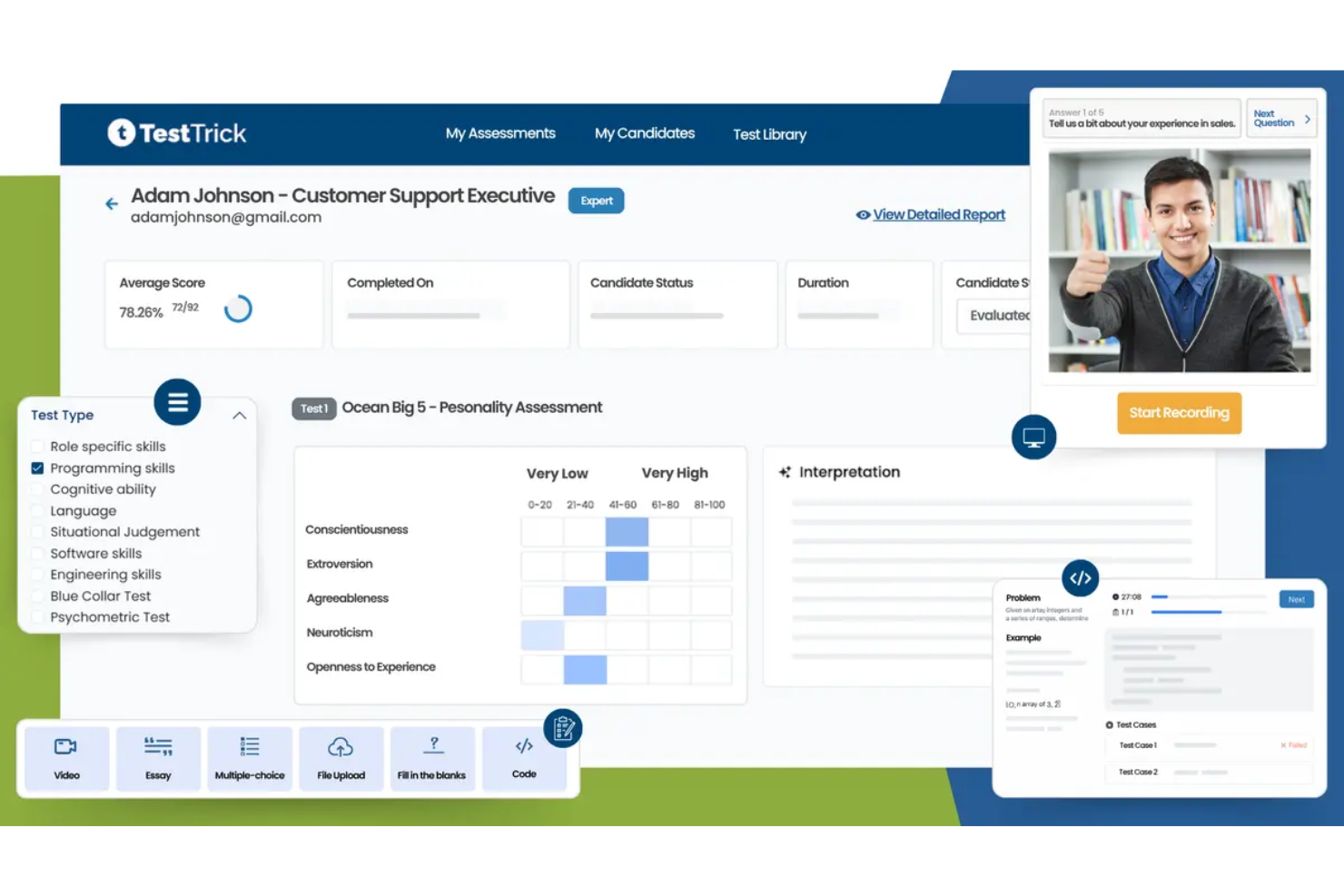 TestTrick screenshot - 10 meilleurs logiciels de tests pré-emploi analysés pour 2026
