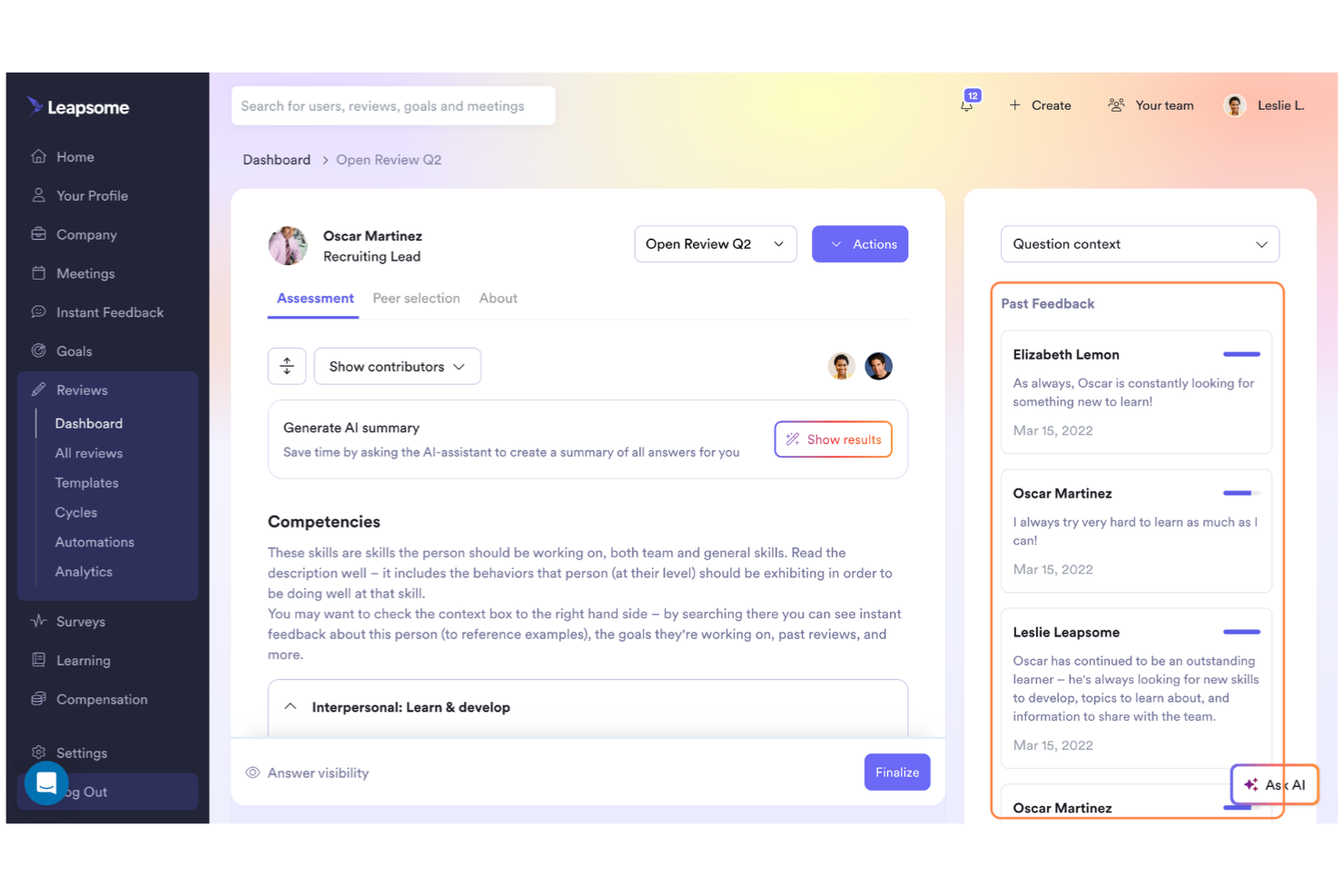 Leapsome screenshot - I 10 migliori software per la gestione della carriera nel 2026