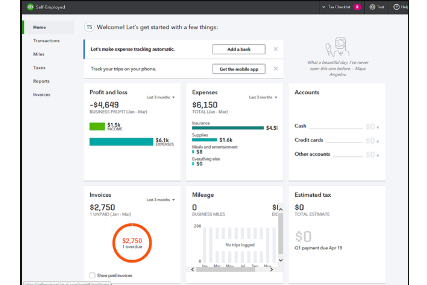 QuickBooks Self-Employed screenshot - 10 migliori software fiscali aziendali per semplificare la dichiarazione nel 2026
