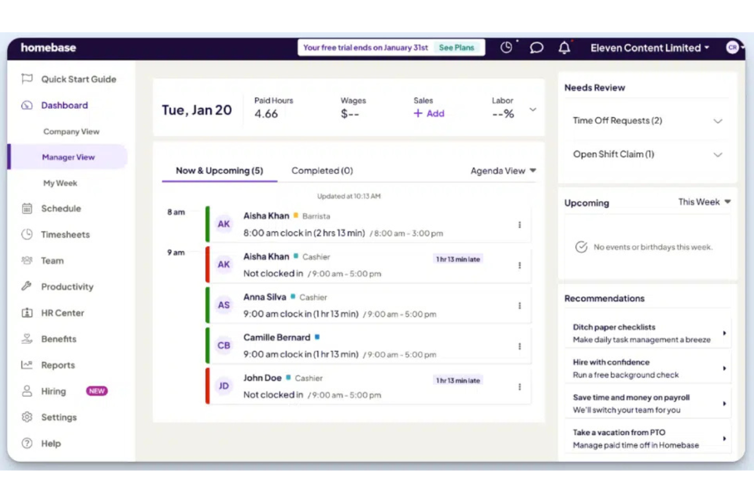 Homebase screenshot - I 10 migliori software per la gestione delle paghe per piccole imprese nel 2026
