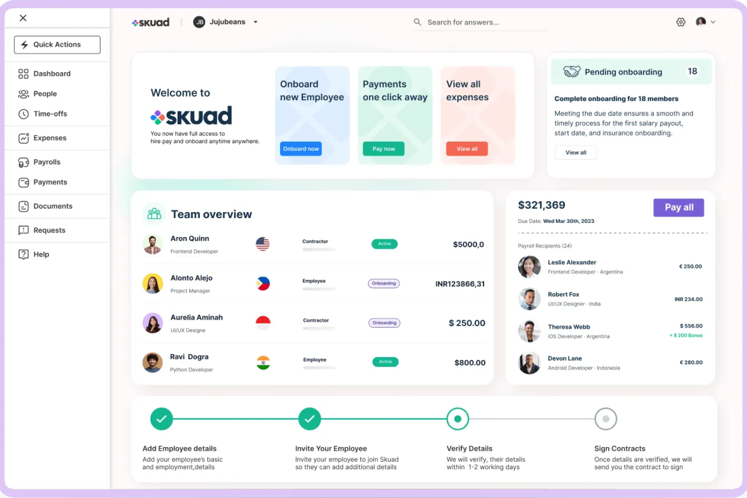 Payoneer Workforce Management screenshot - Le 10 migliori soluzioni Employer of Record (EOR) nel 2026: Recensione e confronto