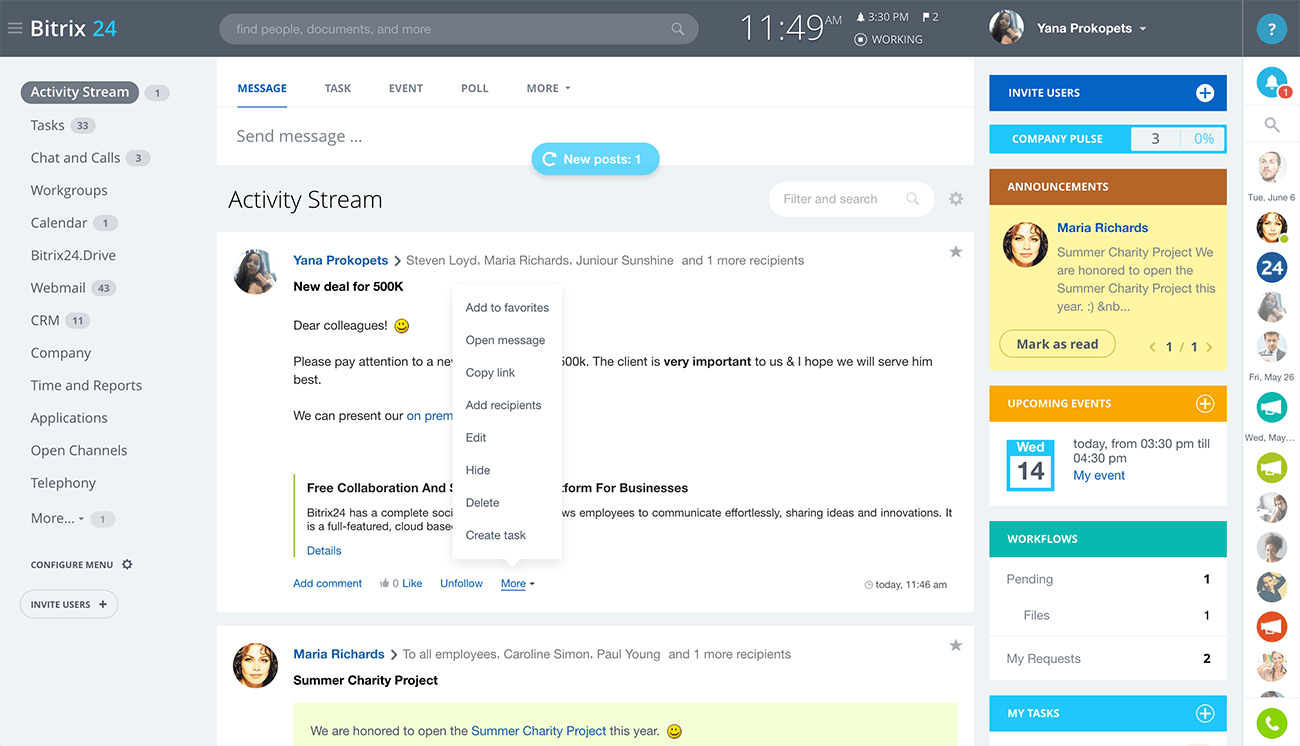 Bitrix24 screenshot - Le 10 migliori soluzioni HR open source recensite per il 2026