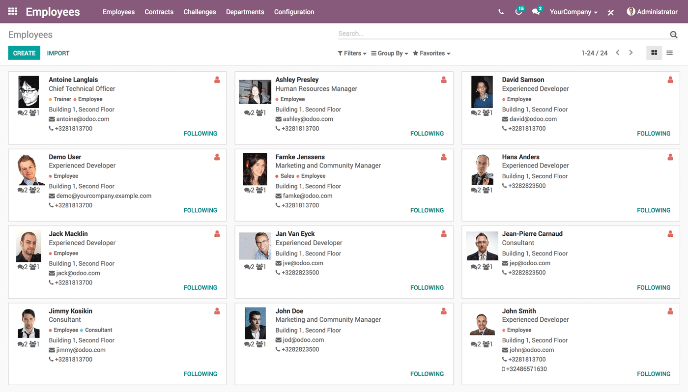 Odoo Employees screenshot - Le 10 migliori soluzioni HR open source recensite per il 2026