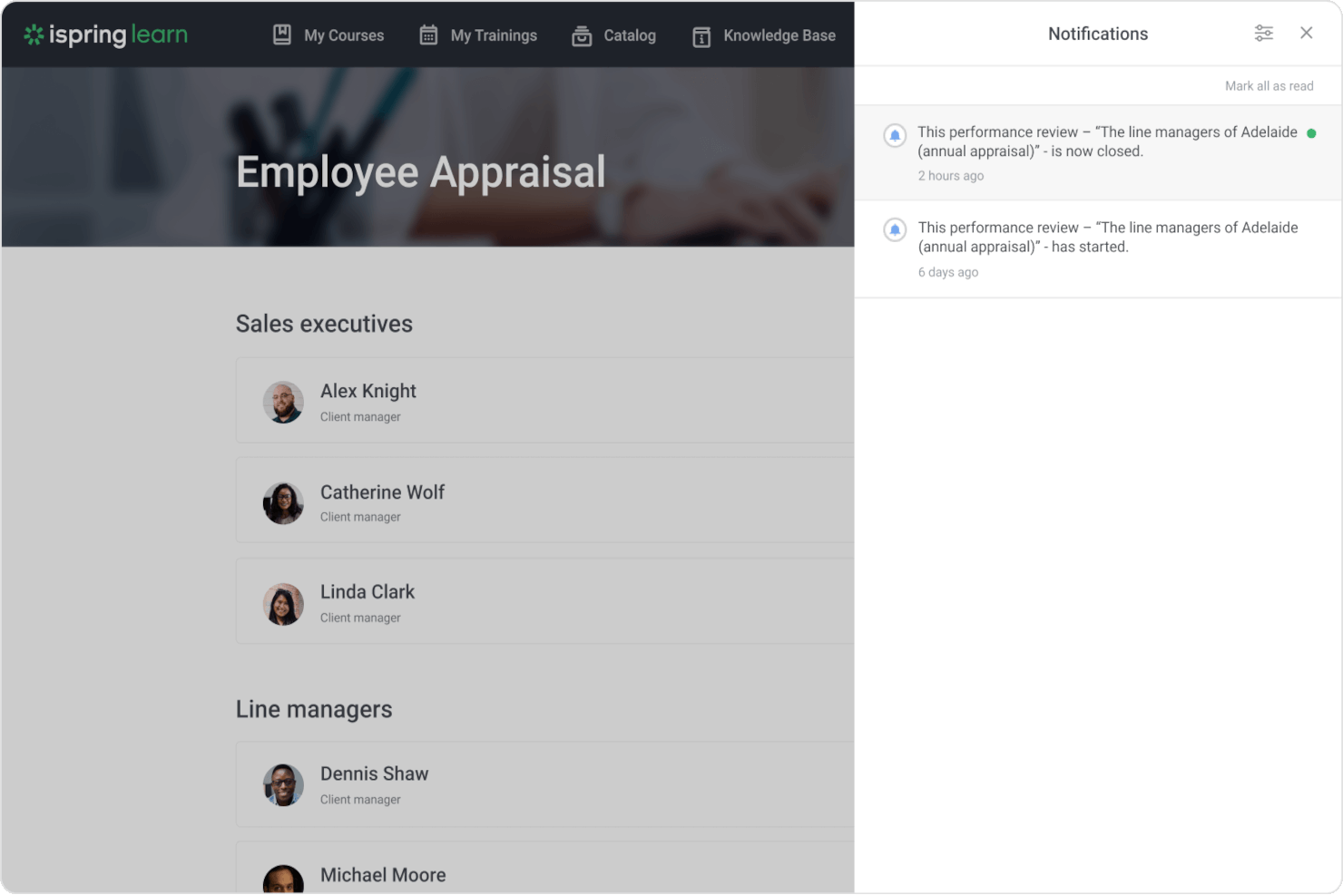 iSpring LMS screenshot - 10 mejores software de evaluación de empleados para gerentes en 2026