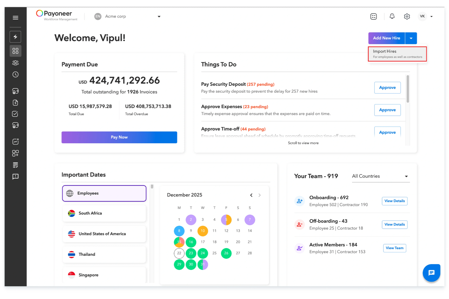 Payoneer Workforce Management screenshot - 10 Mejores Servicios de Empleador de Registro en Nueva Zelanda para 2026