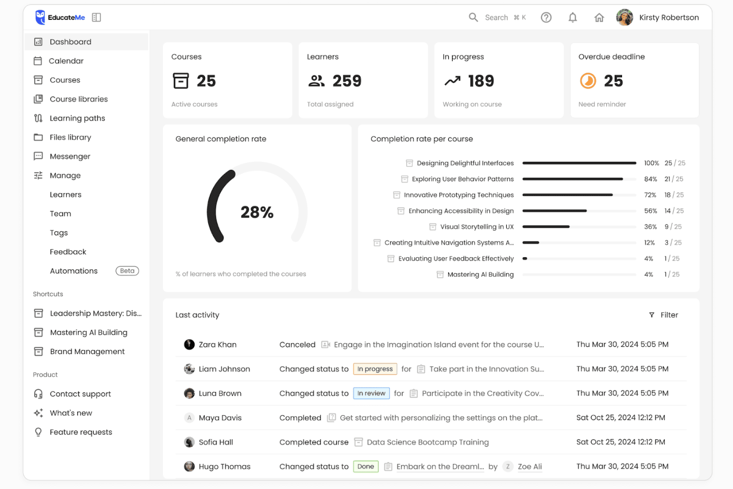 EducateMe LMS screenshot - 10 Plataformas LMS de Empresa Extendida en 2026