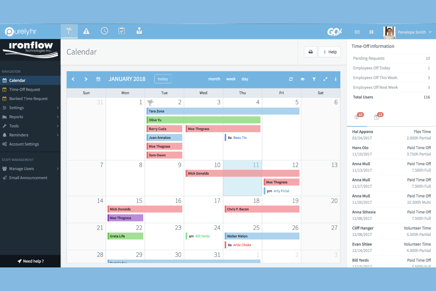 PurelyHR Time Off screenshot - Los 10 mejores software de RRHH para organizaciones sin fines de lucro analizados en 2026