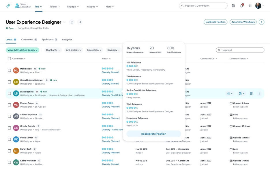 Eightfold AI screenshot - 10 mejores software de filtrado de currículums con IA revisados en 2026