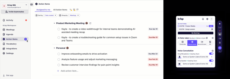 Krisp screenshot - 10 mejores herramientas de asistentes de reuniones con IA analizadas en 2026