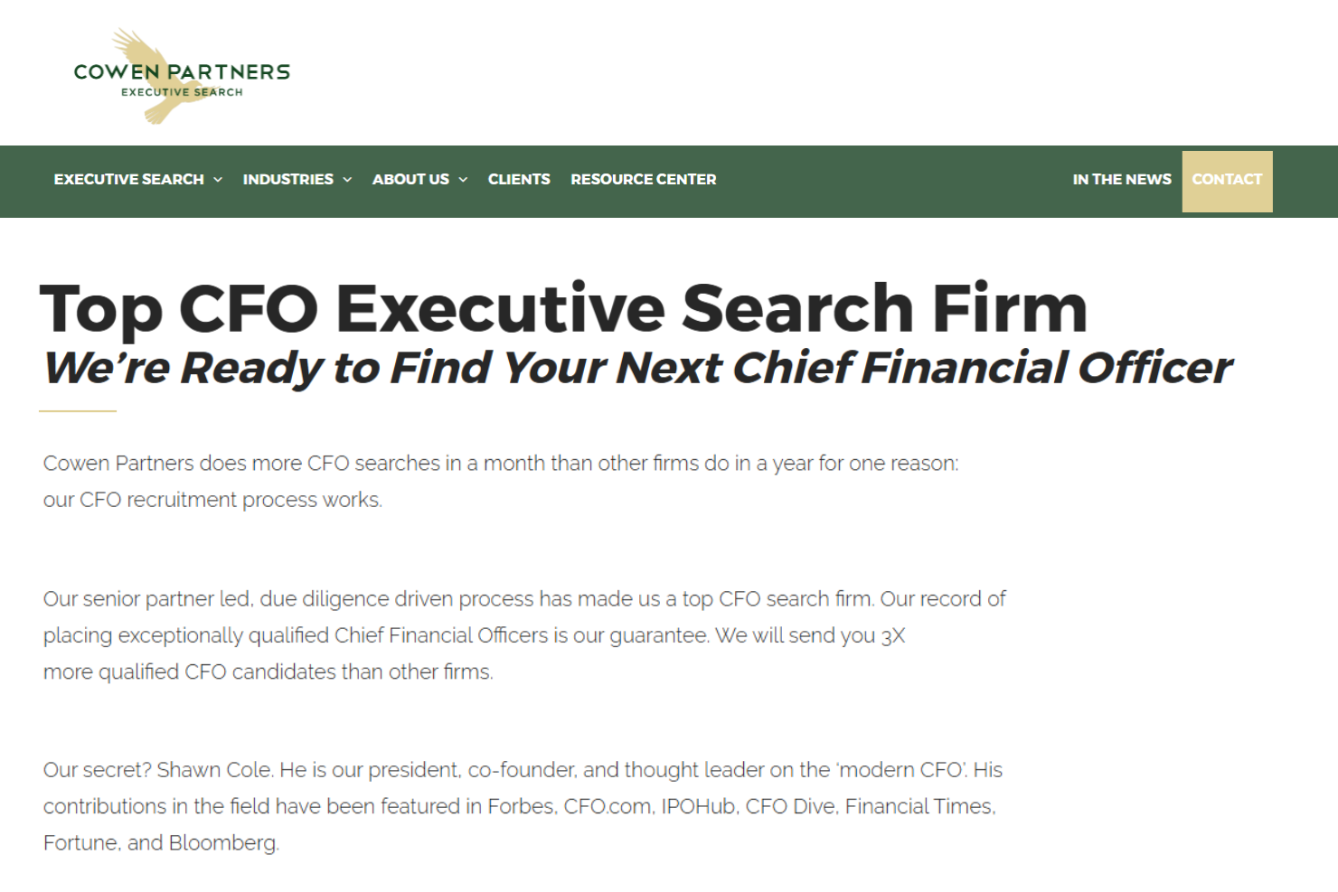 Cowen Partners screenshot - 10 de las mejores empresas de selección de directores financieros analizadas en 2026
