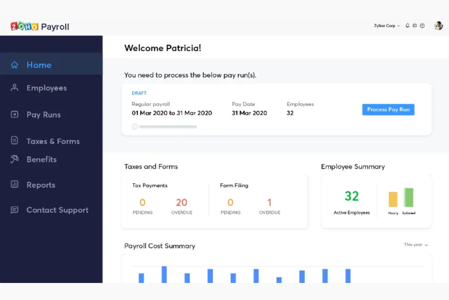Zoho Payroll screenshot - Los 10 mejores servicios de nómina económicos analizados para 2026