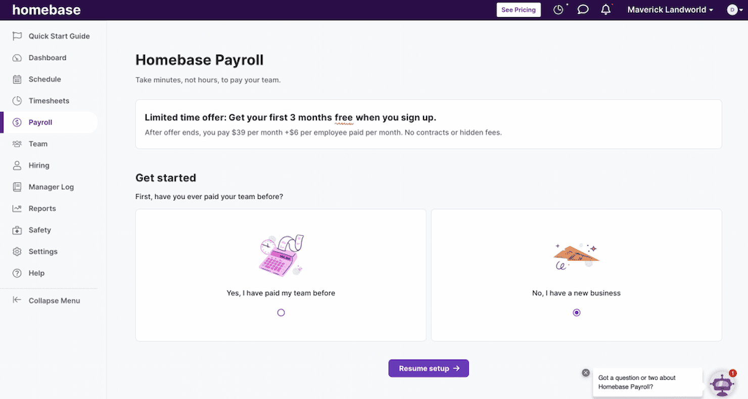 Homebase screenshot - 10 mejores programas de nómina para startups en 2026