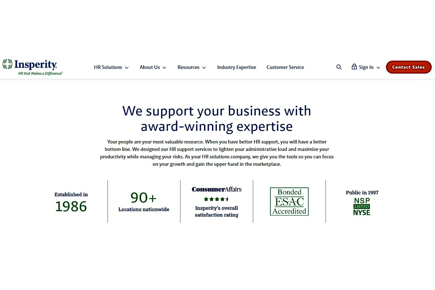 Insperity screenshot - 29 Mejores Servicios y Empresas de Subcontratación de RRHH en 2026