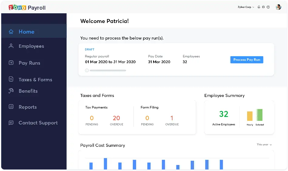 Zoho Payroll screenshot - 10 Mejores Programas de Nómina Gratuitos para PYMES con Presupuesto Limitado en 2026