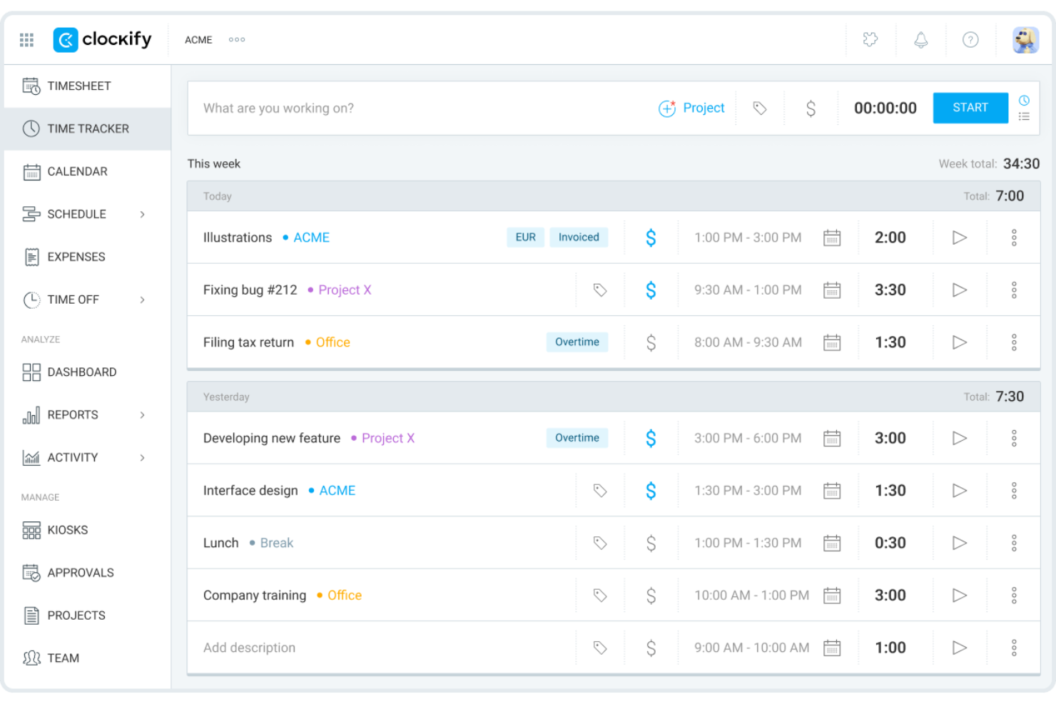 Clockify screenshot - 10 beste productiviteitstools in 2026