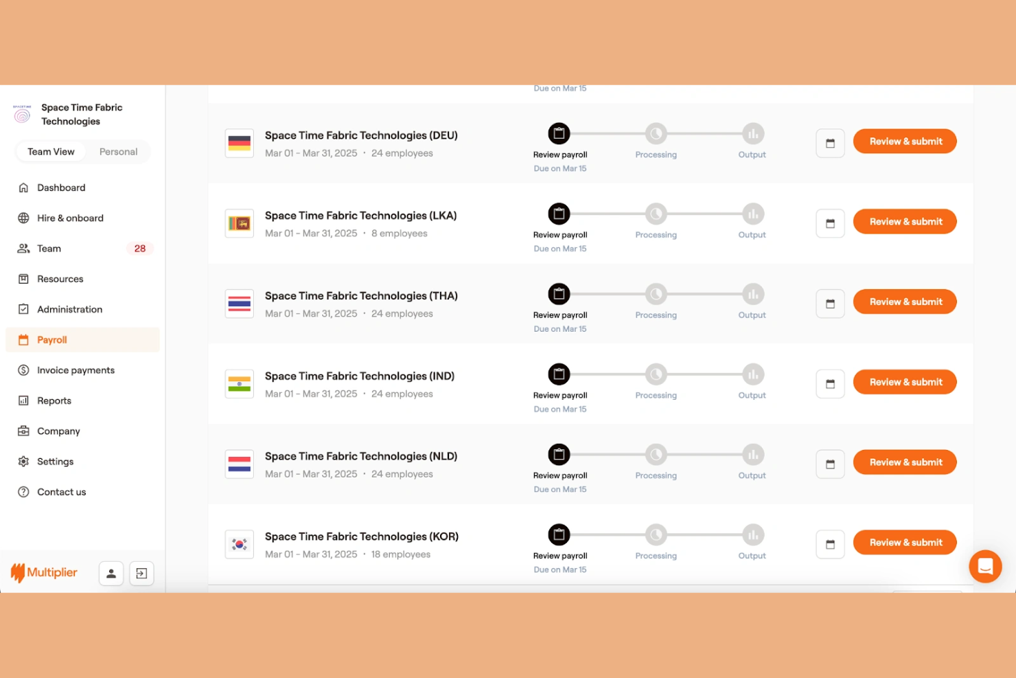 Multiplier screenshot - 10 beste wereldwijde salarissoftware voor kleine bedrijven in 2026