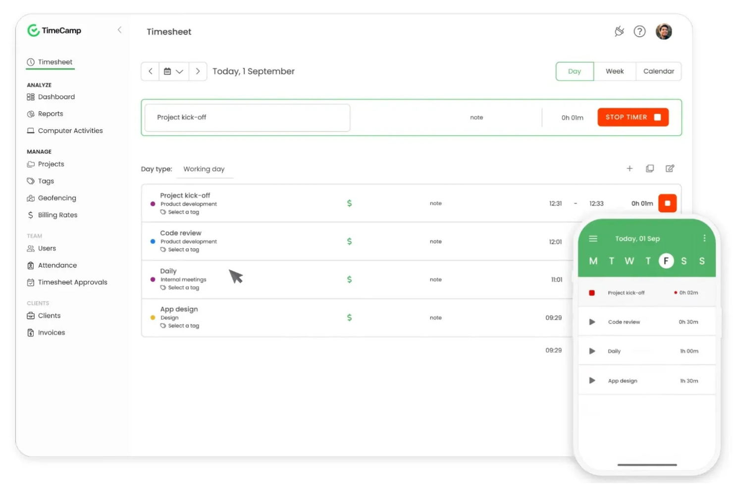 TimeCamp screenshot - 10 beste gratis tijdregistratie-apps in 2026