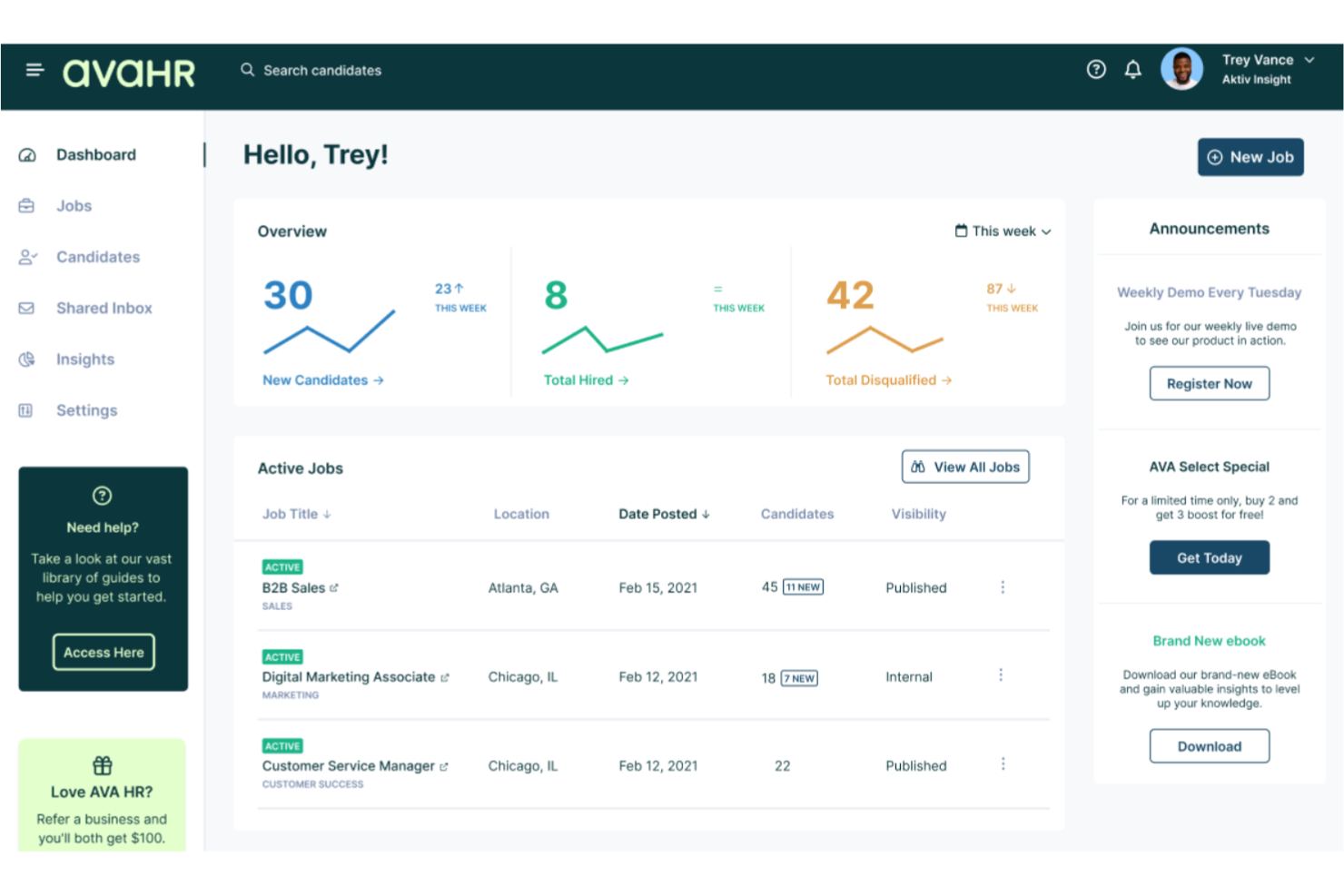 AvaHR screenshot - 10 beste wervingssoftware voor loodgietersbedrijven in 2026