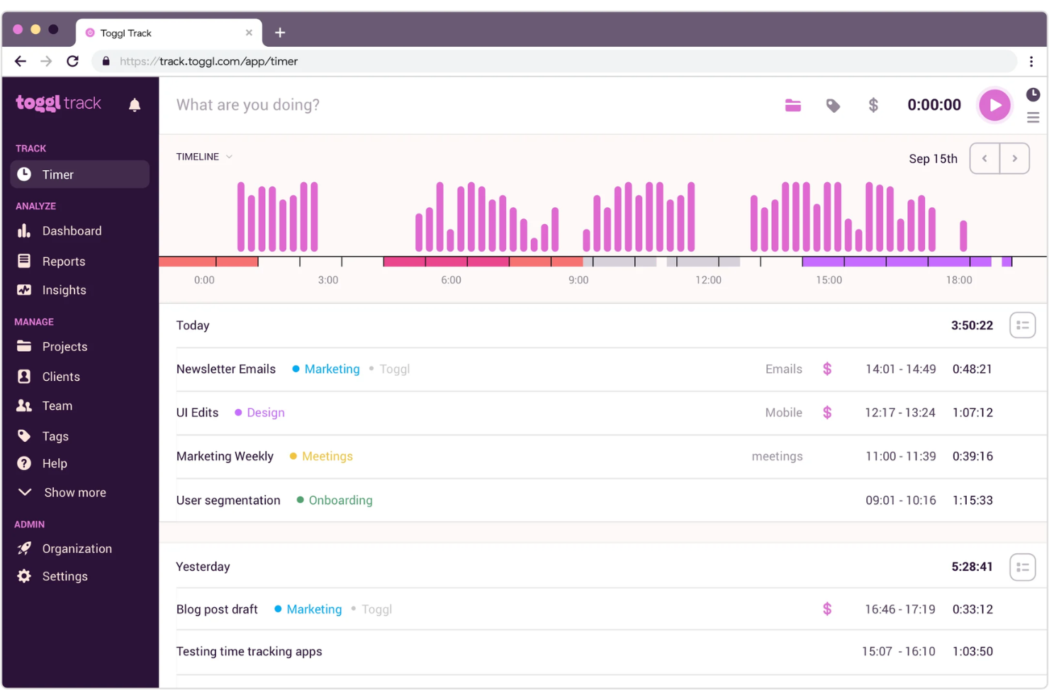 Toggl Track screenshot - 10 beste gratis tijdregistratie-apps in 2026