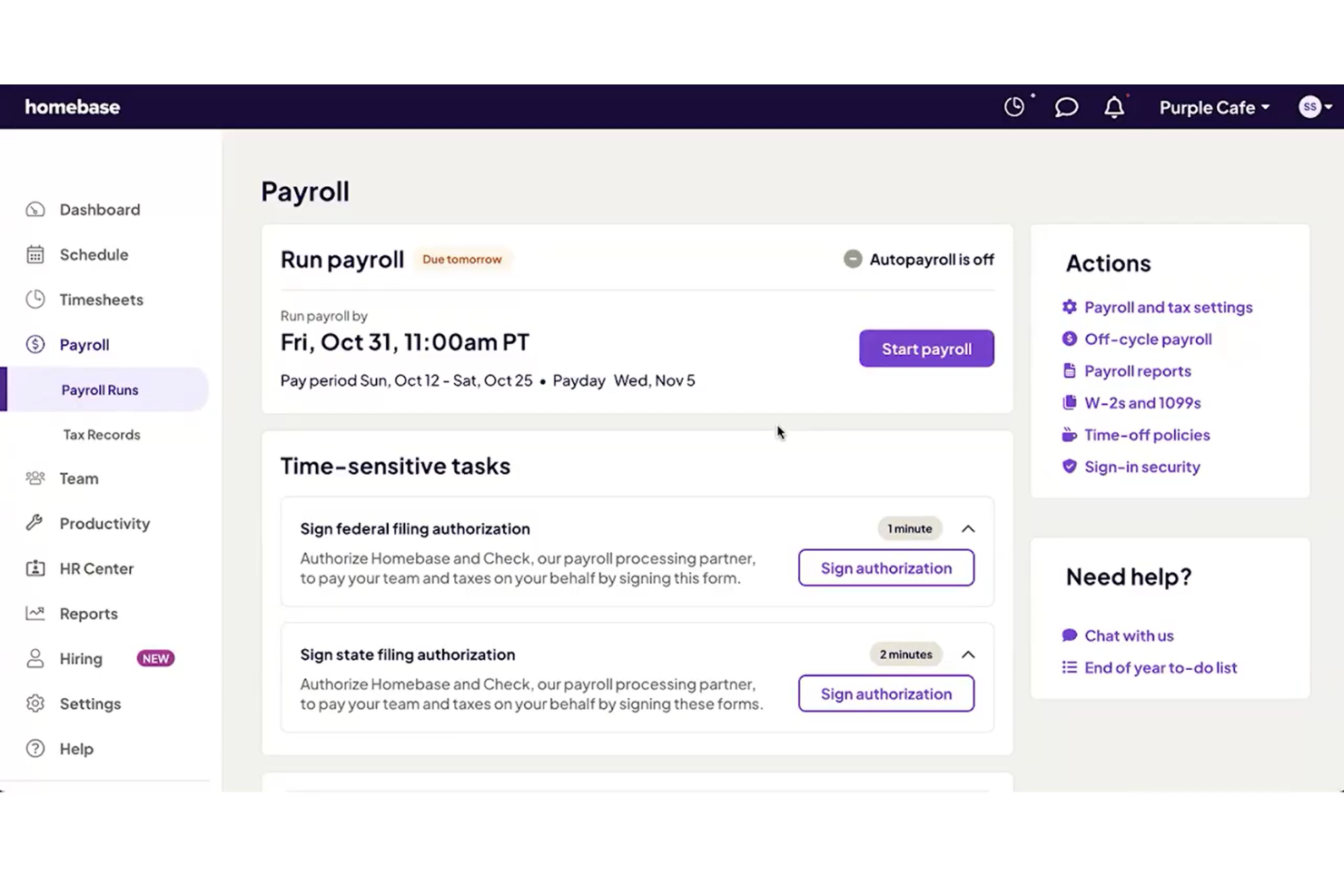 Homebase screenshot - 10 beste gratis salarisadministratie-apps in 2026