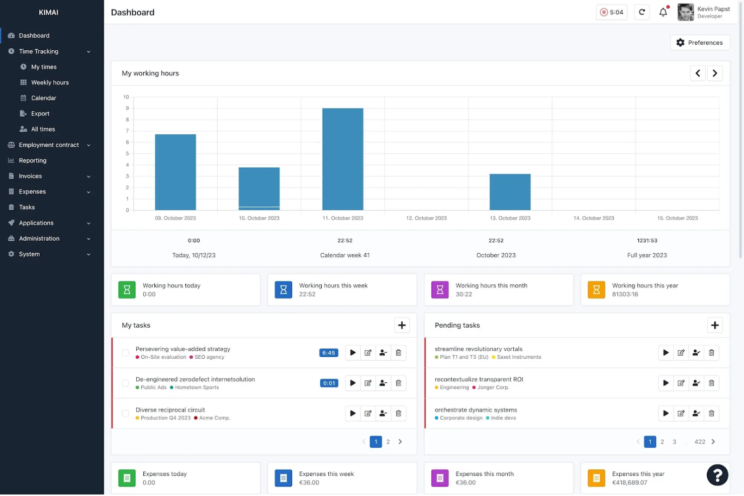 Kimai screenshot - 10 beste openbronsoftware voor werknemersmonitoring in 2026