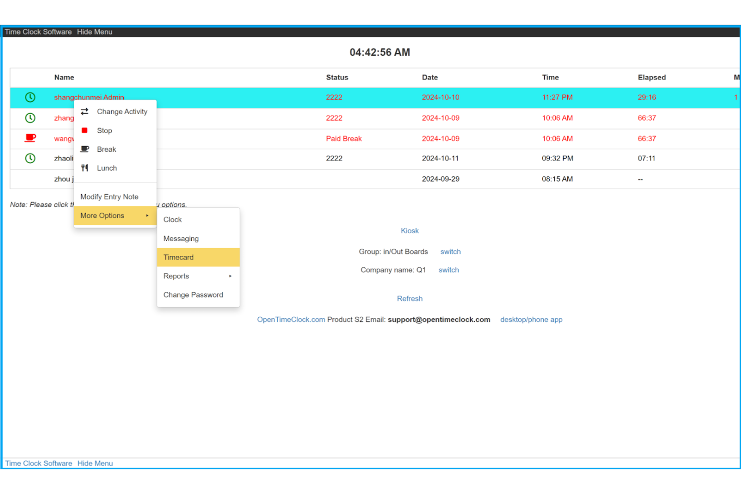 Open Time Clock screenshot - 10 beste gratis software voor werknemersmonitoring, beoordeeld in 2026