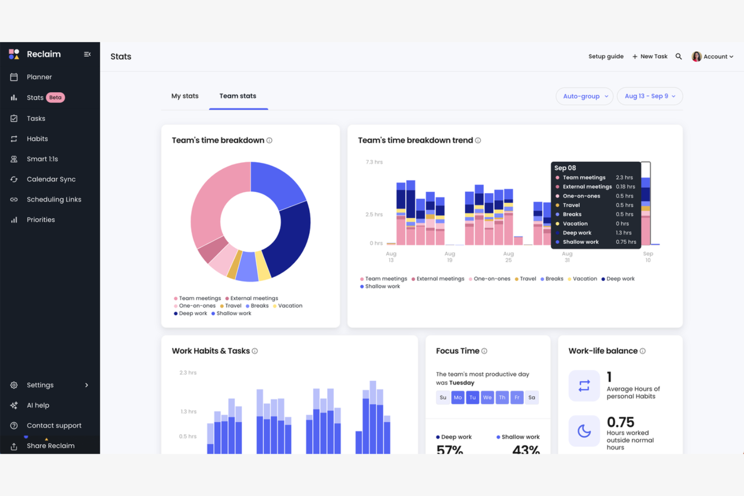 Reclaim screenshot - 10 beste AI-software voor personeelsplanning beoordeeld in 2026