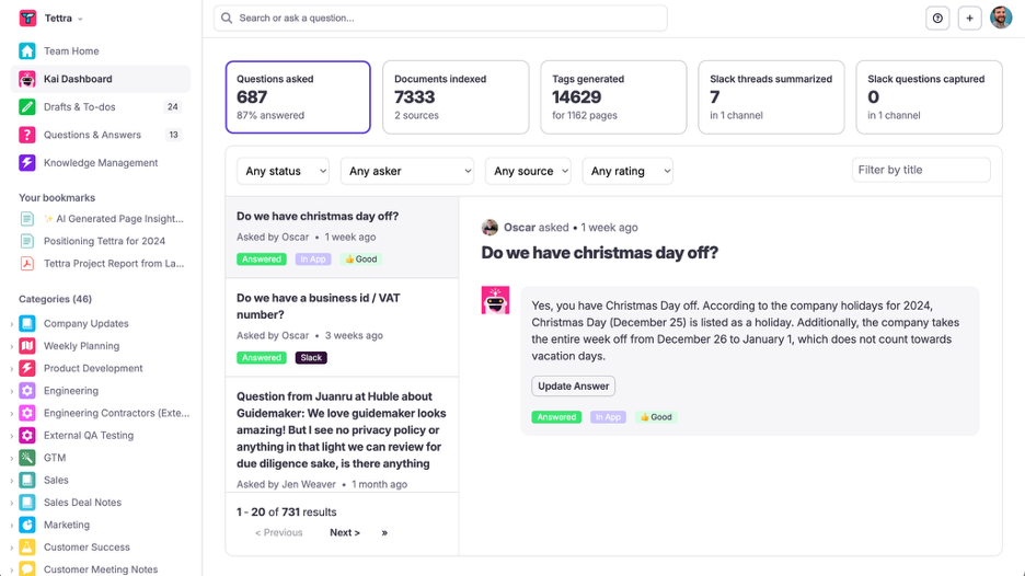 Tettra screenshot - 10 beste AI-kennisbeheersoftware beoordeeld in 2026