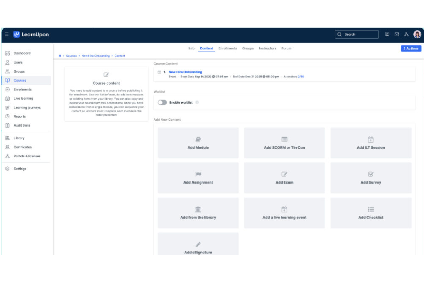 LearnUpon screenshot - 10 bästa programvarorna för utbildningsschemaläggning 2026