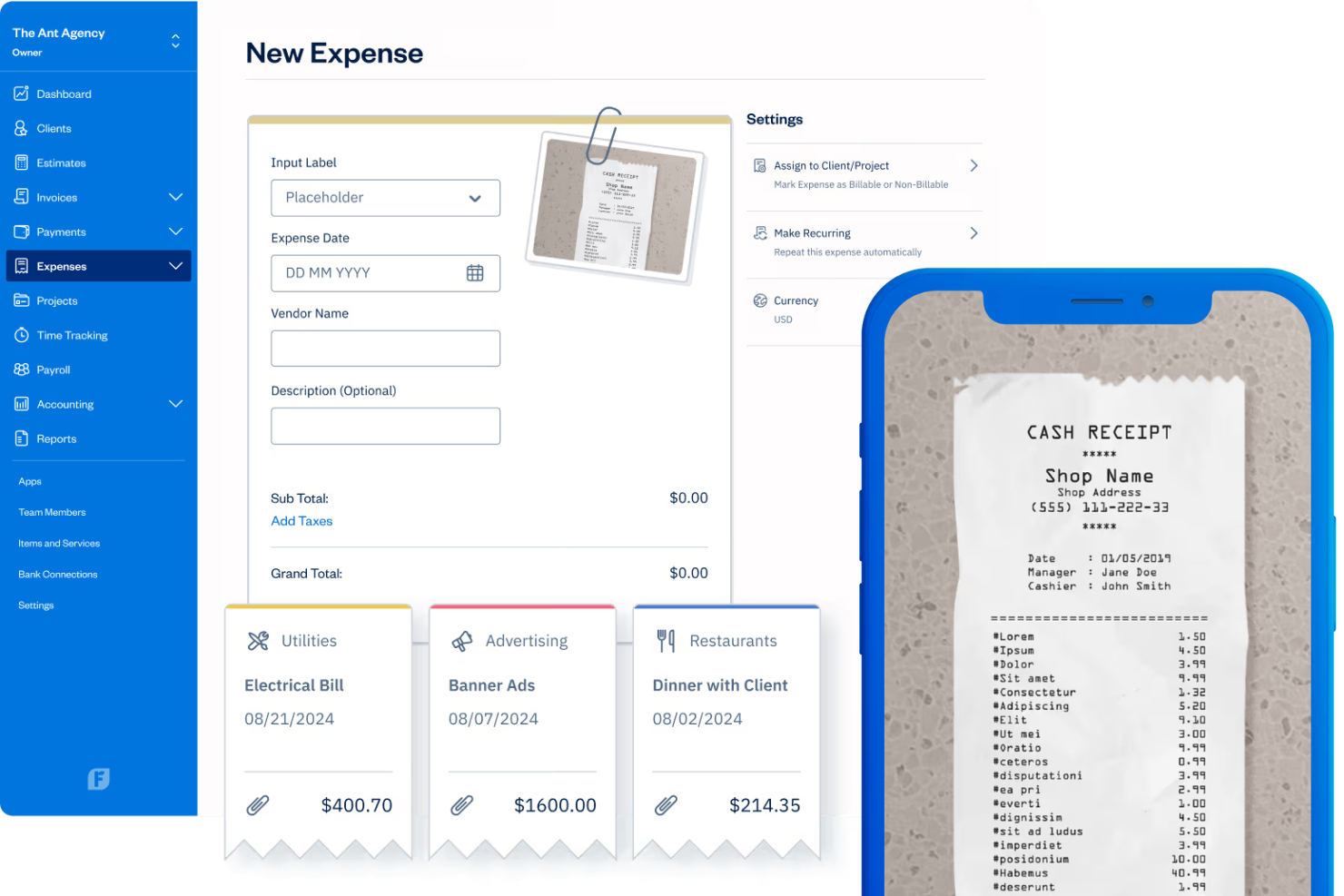 FreshBooks screenshot - 10 appar för kvittoskanning för 2026