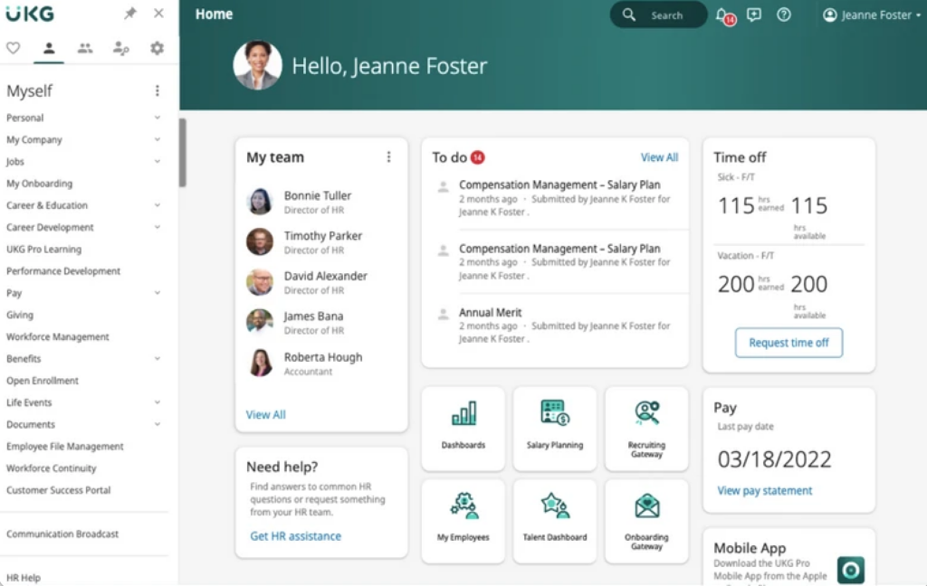UKG screenshot - 10 bästa programvarorna för personalhantering 2026: Granskade