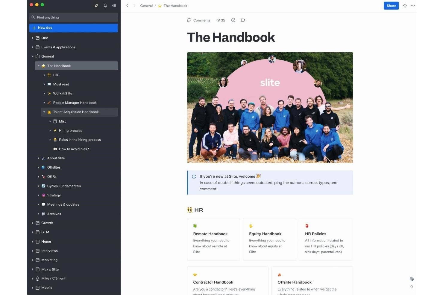 Slite screenshot - 10 bästa programvarorna för personalhandböcker 2026