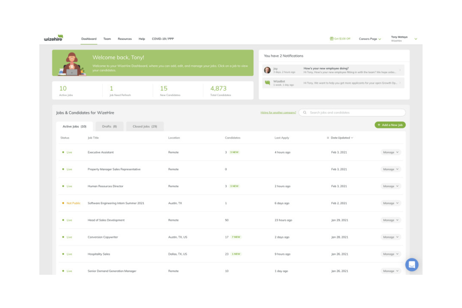 Wizehire screenshot - 10 meilleures alternatives à Manatal examinées en 2026
