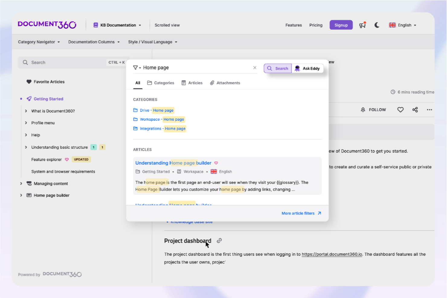 Document360 screenshot - 10 najlepszych narzędzi AI do baz wiedzy — recenzja w 2026 roku