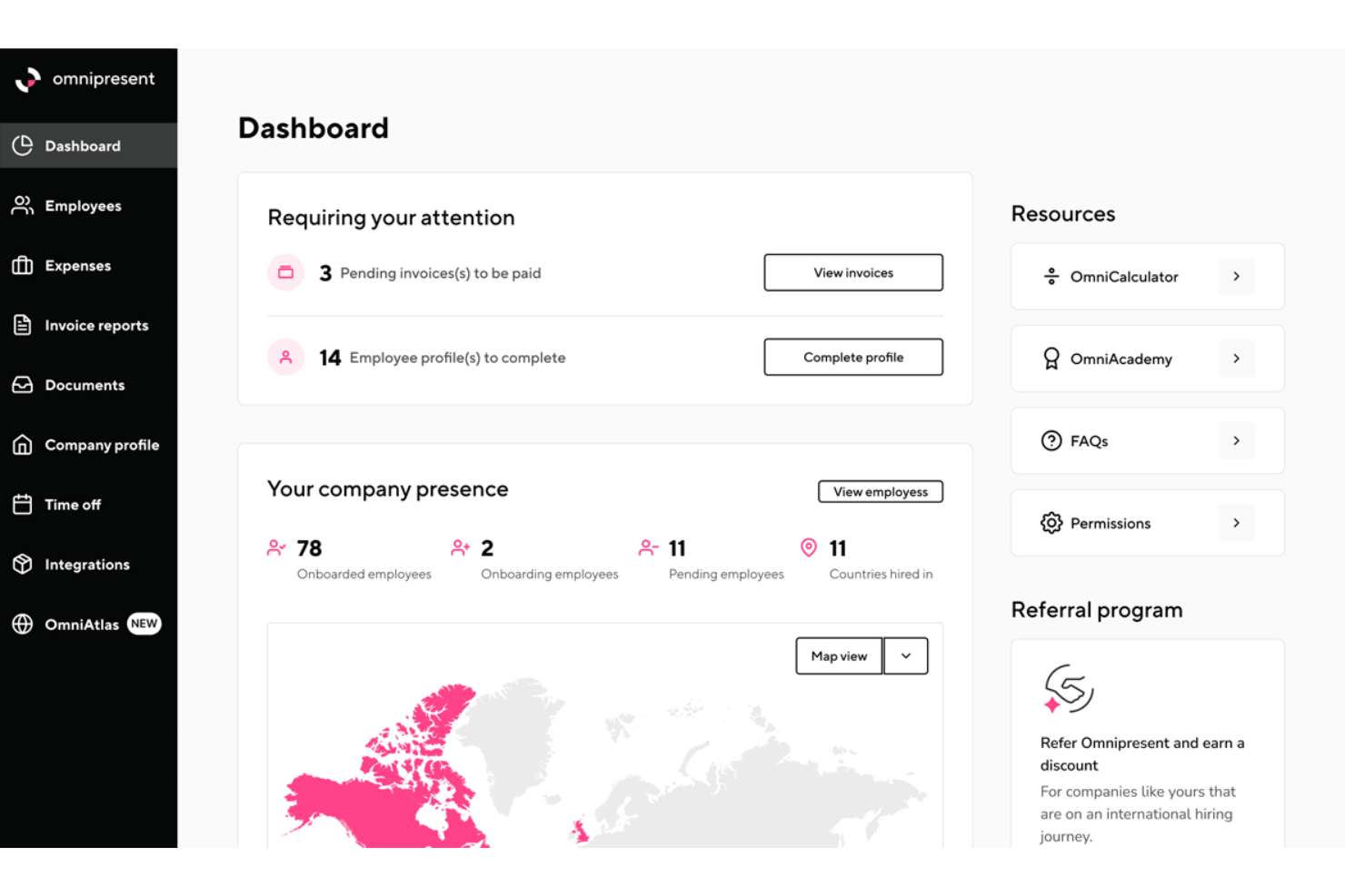 Omnipresent's main dashboard provides a clear overview of active employees and new hires.