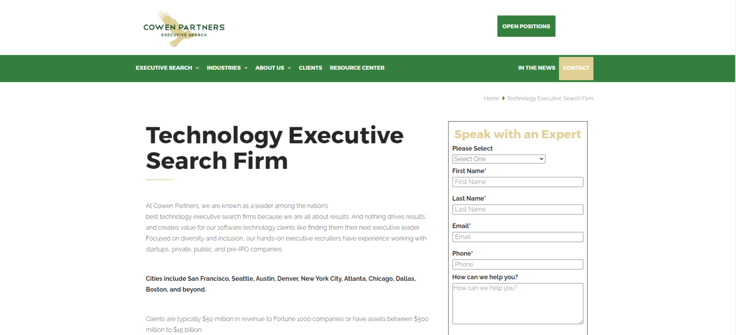 Cowen Partners screenshot - 20 Best IT Recruiting Agencies Reviewed in 2026