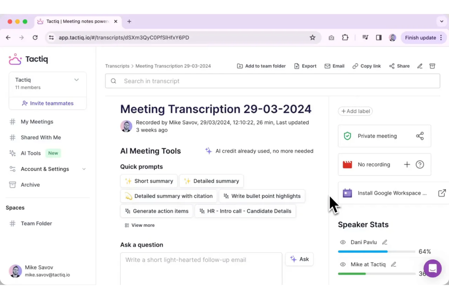 Tactiq screenshot - 16 Best Meeting Summary AI Tools for 2026