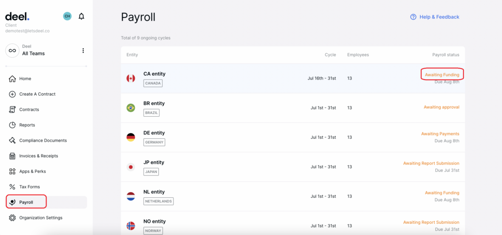 I like how Deel’s payroll dashboard gives a quick, simple overview of which payments and information are needed for payroll processing.