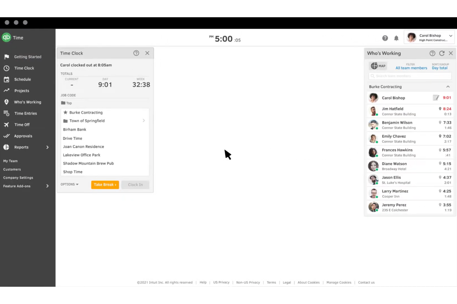 QuickBooks Time tracks employee hours with easy clock-ins and reports.
