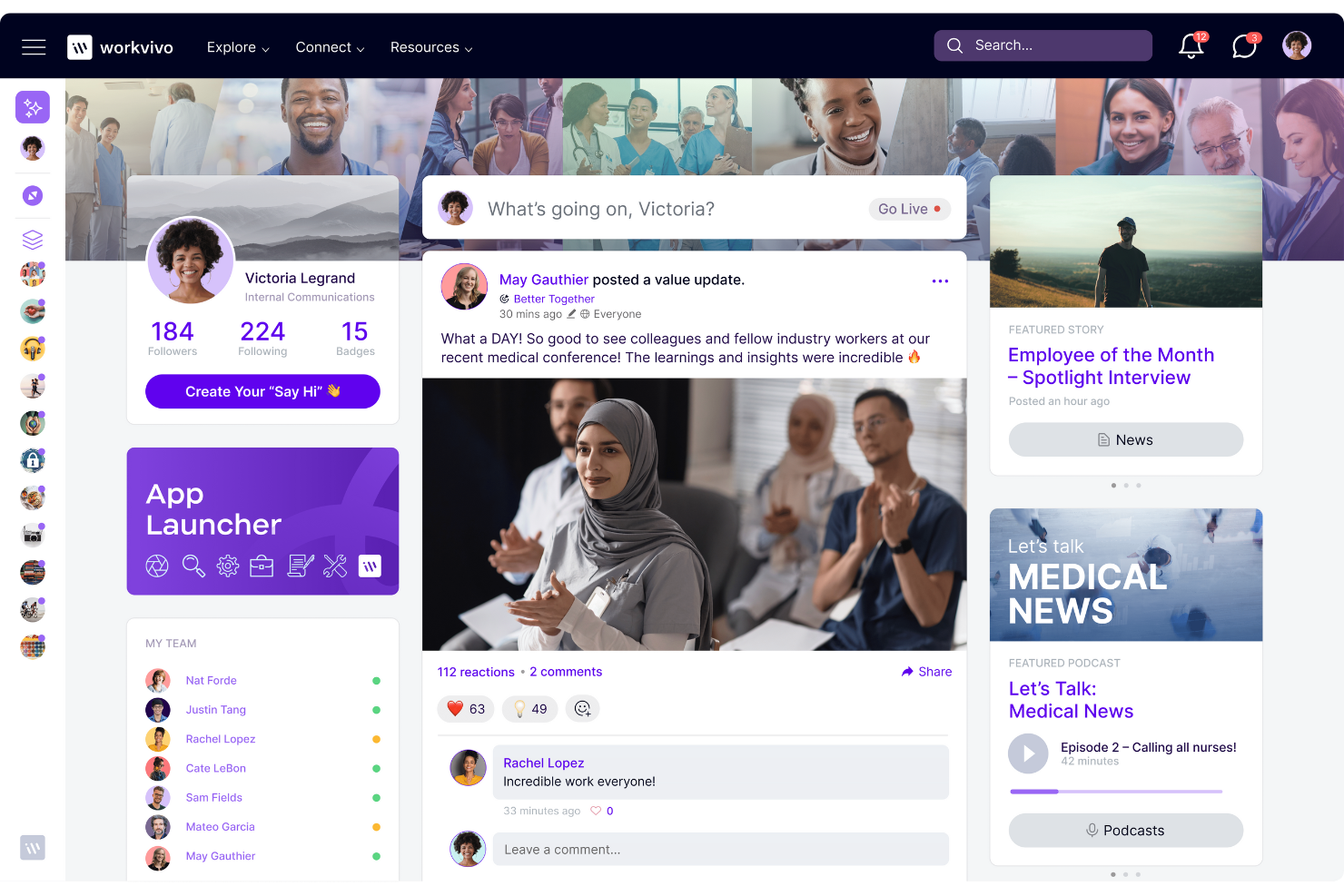 Workvivo connects teams with spaces for updates, collaboration, and community.