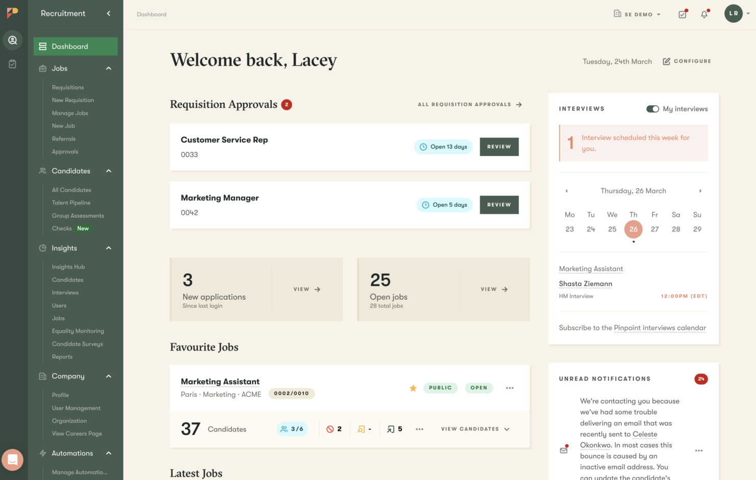 Pinpoint’s dashboard lets you track roles, applications, and interviews at a glance.