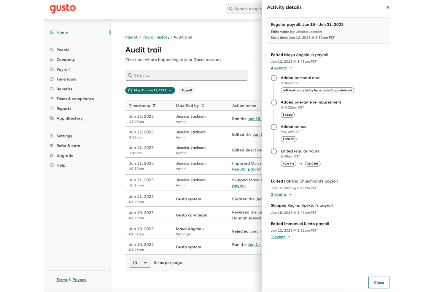 Gusto simplifies payroll processing with features like automated tax management, direct deposit, and customizable reports.