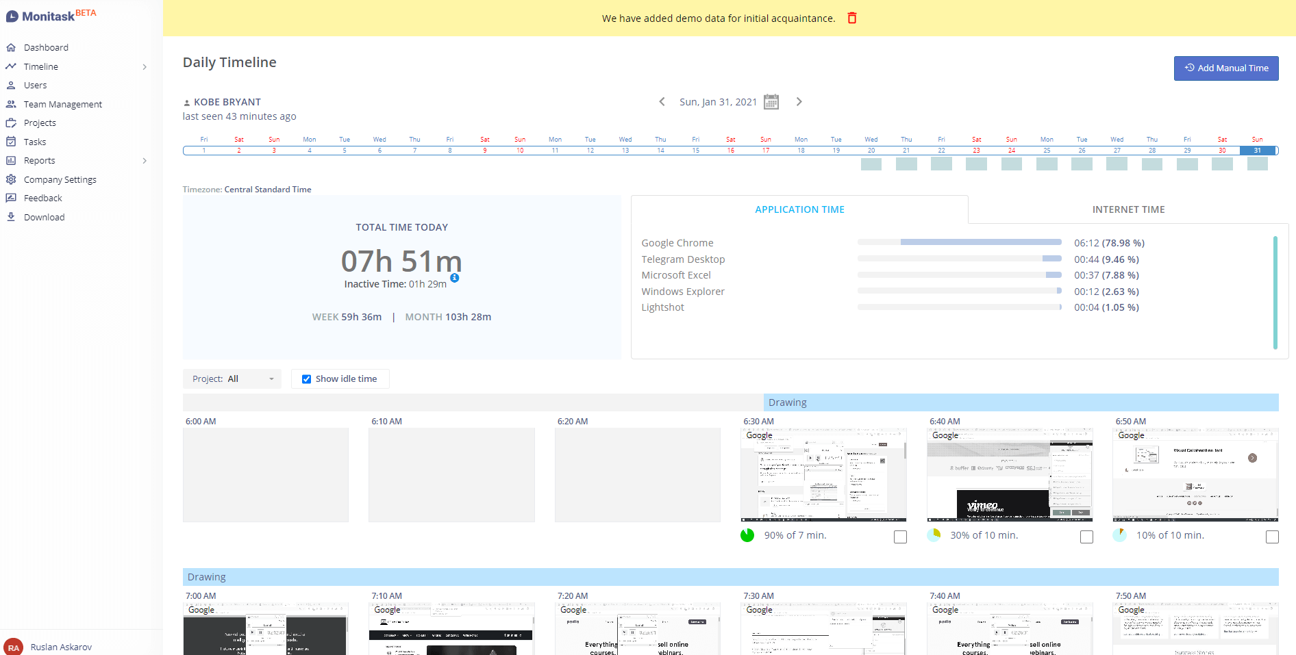 Monitask tracks activity, screenshots, and work hours for teams.