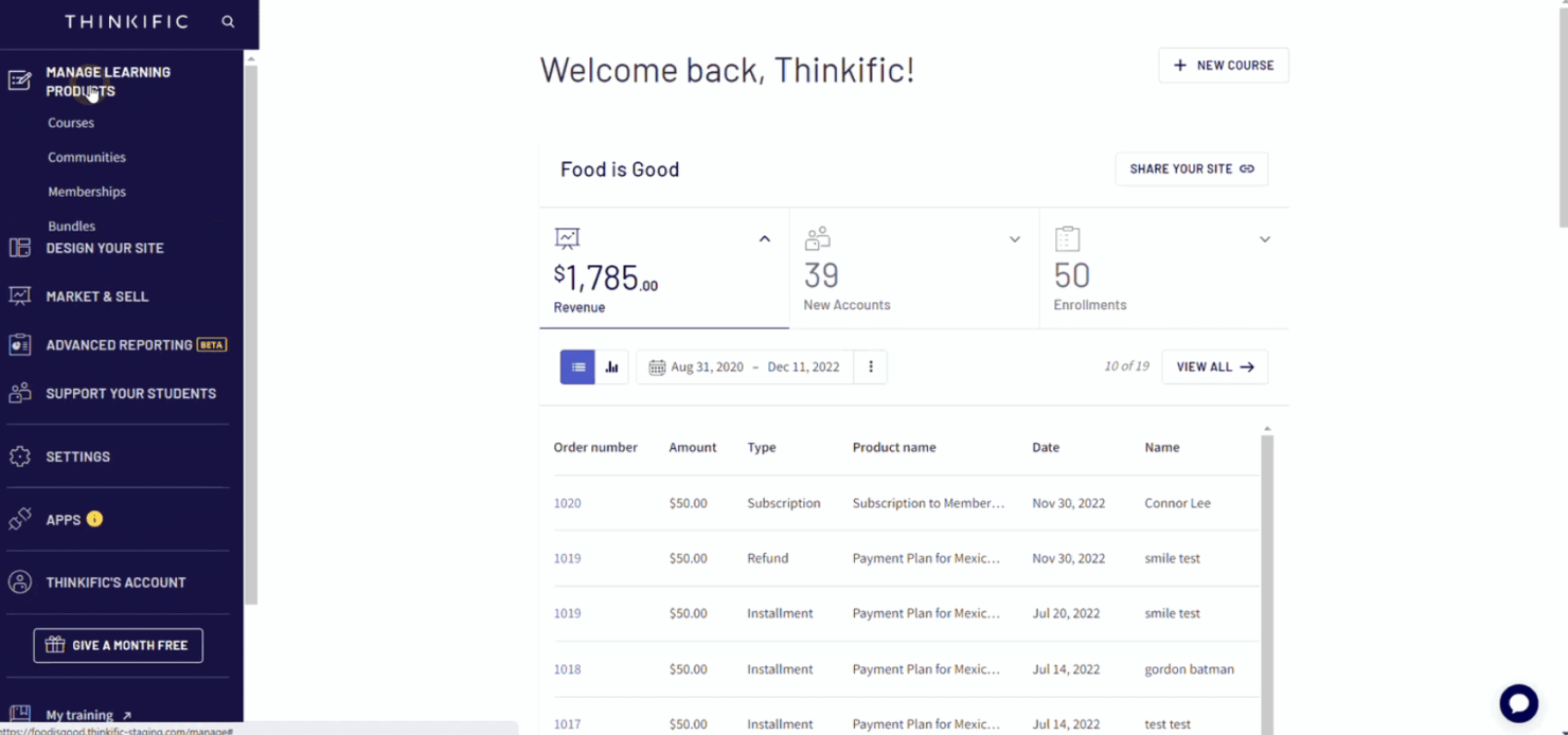 Thinkific delivers online courses through a customizable LMS platform.