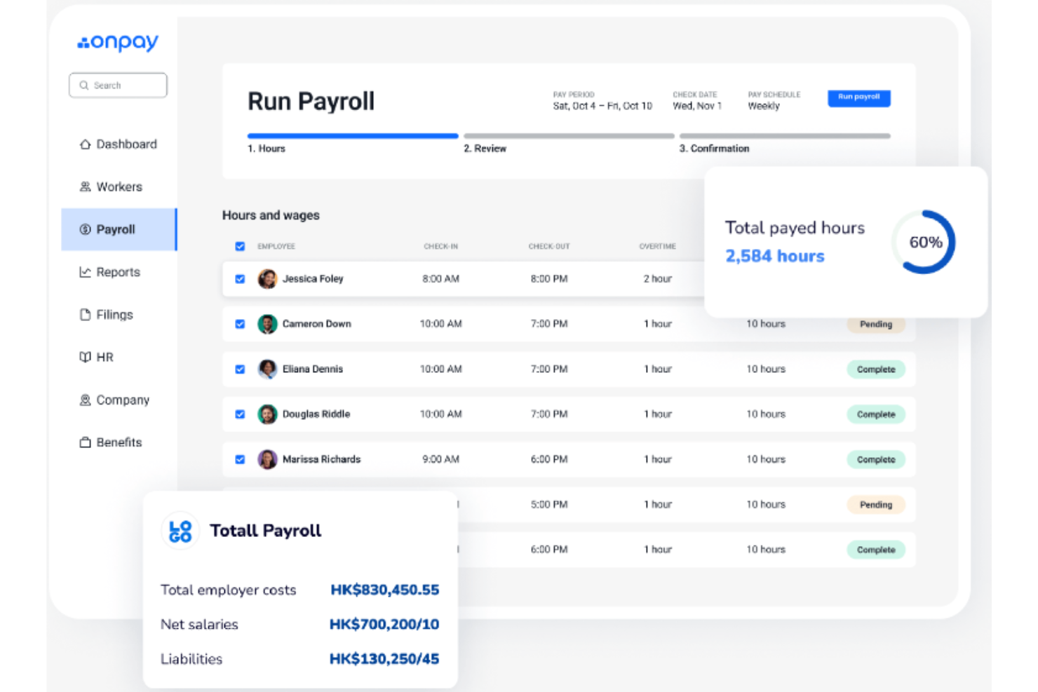 Runs payroll, files taxes, and manages benefits for small teams.