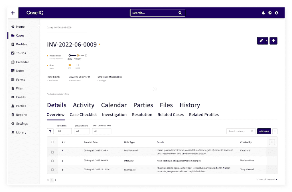 Case IQ's dashboard provides insight into open employee cases with investigation details and activity logs.