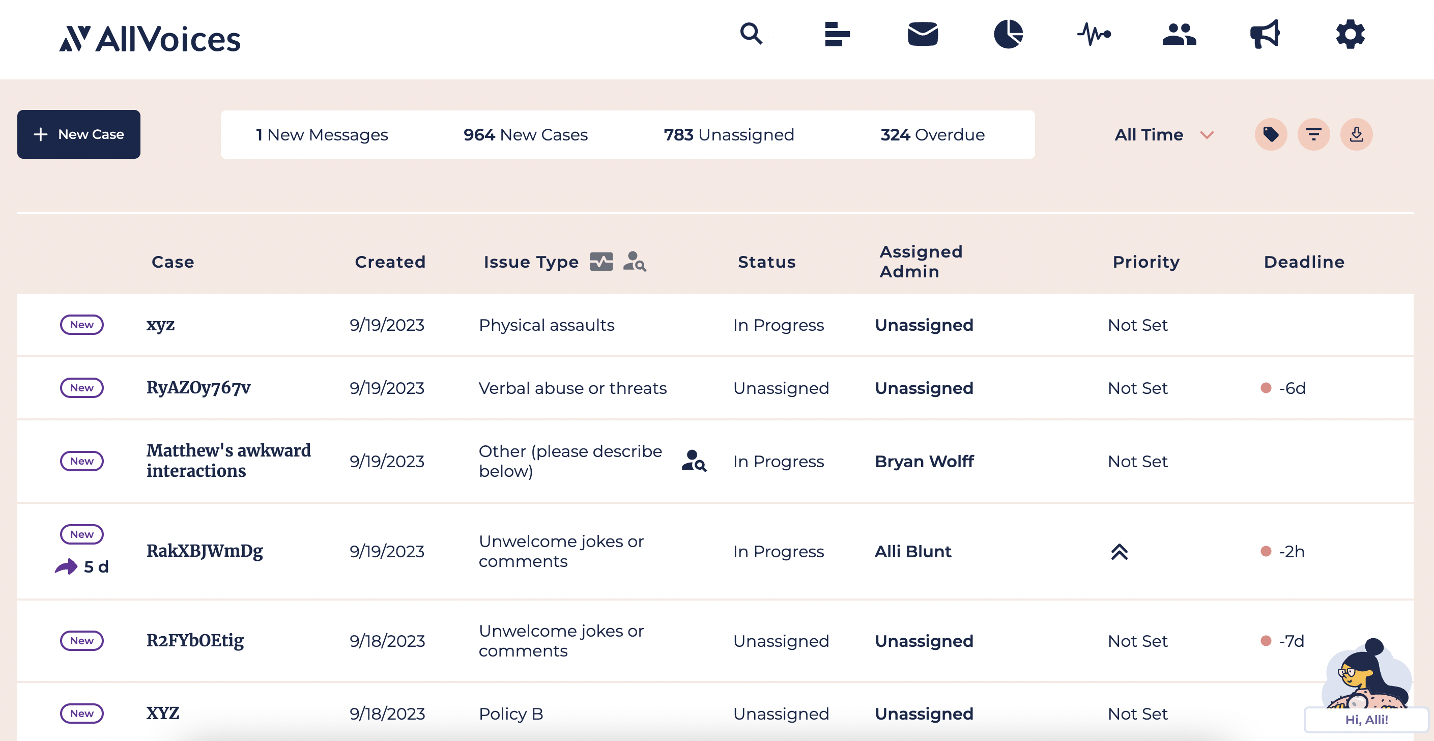 AllVoices lets you track, assign, and manage employee cases like complaints or policy issues in one dashboard.