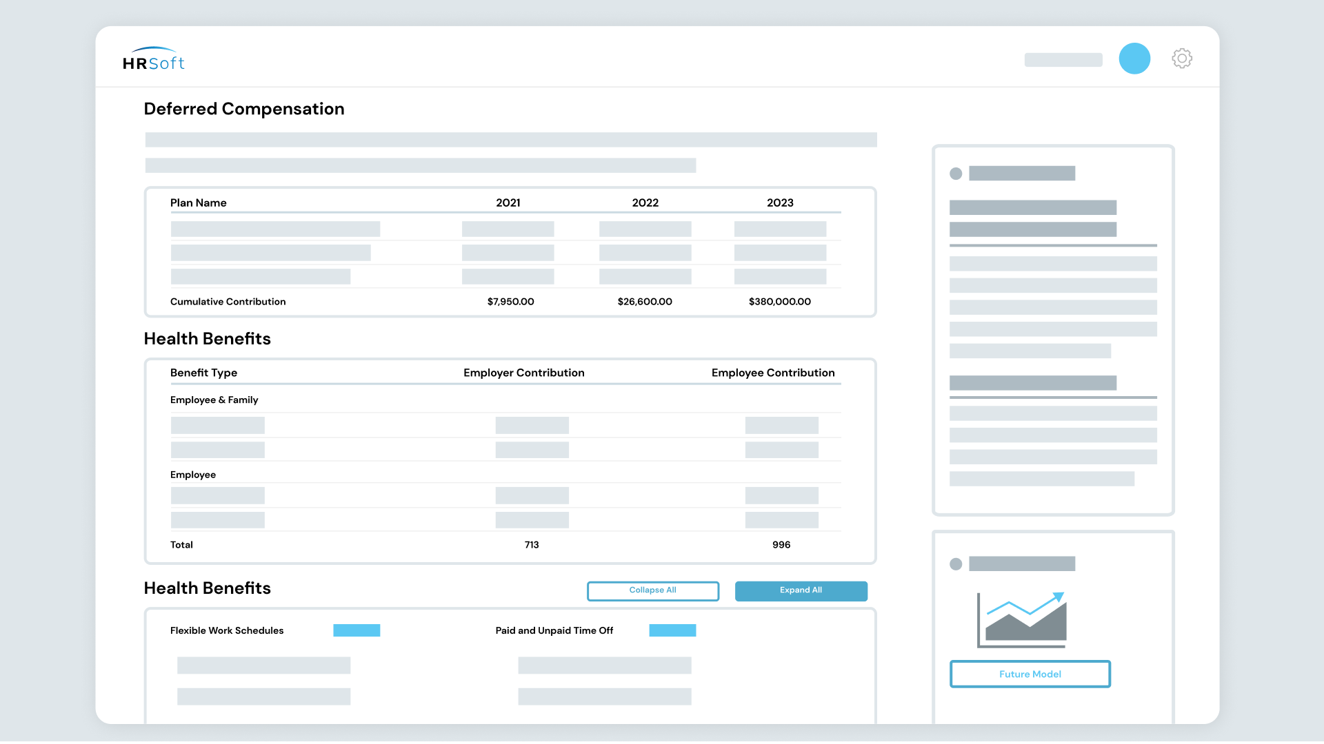 HRSoft dashboard showing total compensation, from deferred compensation to health benefits.
