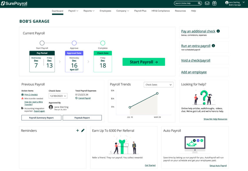 SurePayroll automates small business payroll and tax filing online.